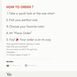 Może przedstawiać: Biała grafika informacyjna z czarnym tekstem zatytułowana HOW TO ORDER? wymieniająca pięć krok&oacute;w: 1. Take a quick look at the size chart, 2. Pick your perfect size, 3. Choose your favorite color, 4. Hit Place Order, 5. Yay! Your order is on its way.