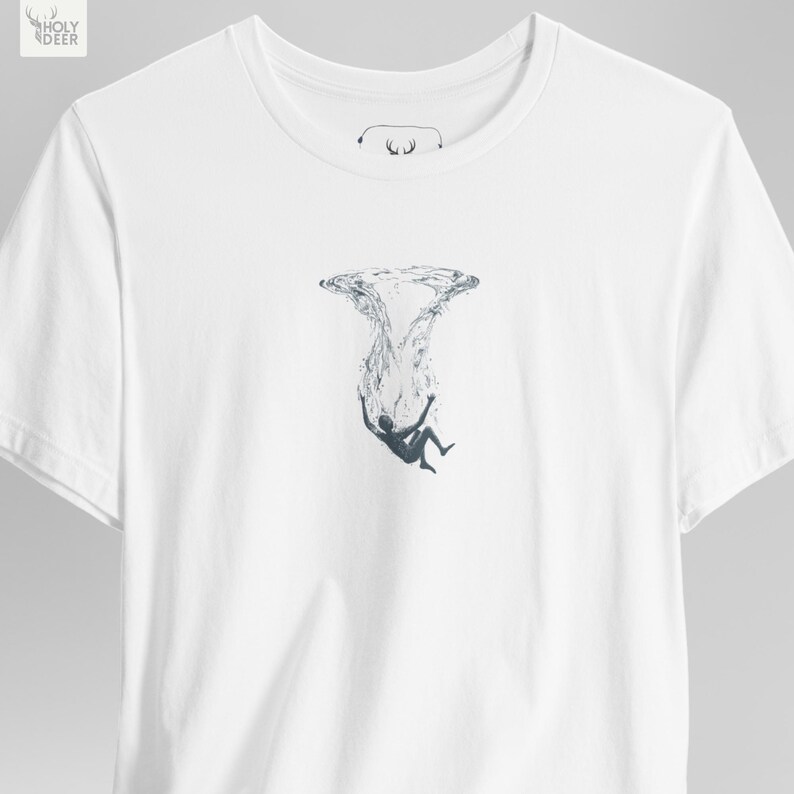 Front view of a high-quality deep teal tee showcasing a modern minimalist ocean art design. This deep ocean tee from HolyDeer offers a unique blend of surreal pop art and professional grade apparel printing quality.