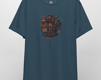 Cyberpunk Tee - Dystopian SciFi Graphic T-Shirt - Retro Cyberpunk Art - Deep Teal Aesthetic Cyber Noir Streetwear Shirt by HolyDeer