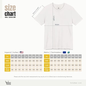 May include: White t-shirt with size chart, including measurements in inches and centimeters. The chart details width, length, and sleeve length for sizes XS to 5XL. The text "size chart" and "Bella + Canvas 3001" are visible.