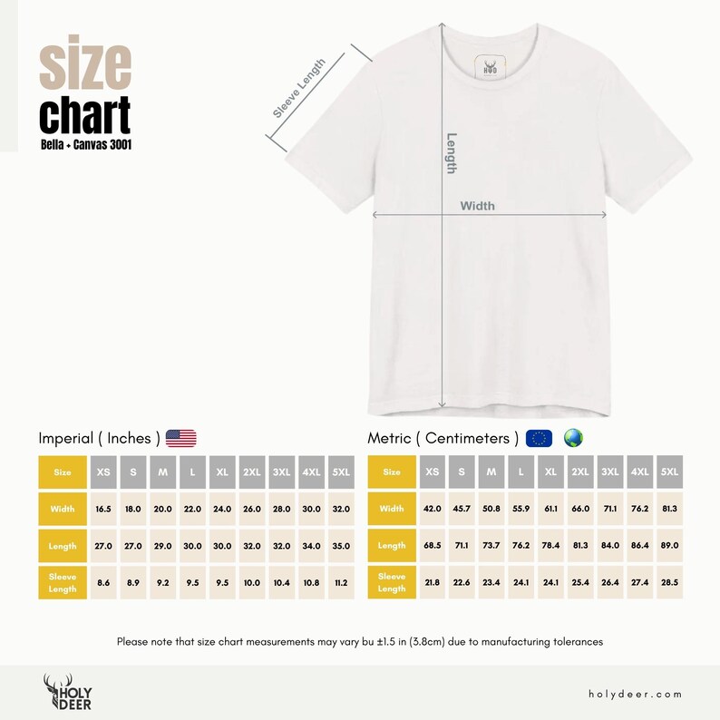 May include: White t-shirt with size chart, including measurements in inches and centimeters. The chart details width, length, and sleeve length for sizes XS to 5XL. The text "size chart" and "Bella + Canvas 3001" are visible.