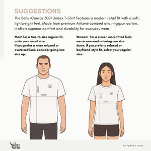 May include: White Bella+Canvas 3001 unisex t-shirt with a deer logo. The image shows a man and a woman wearing the t-shirt, with length and width measurements. Text on the image provides sizing suggestions.