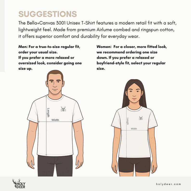 May include: White Bella+Canvas 3001 unisex t-shirt with a deer logo. The image shows a man and a woman wearing the t-shirt, with length and width measurements. Text on the image provides sizing suggestions.