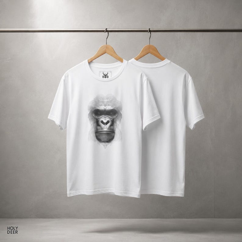 Close up detail of the hypnotic gorilla design on a soft white fabric showcasing the fine monochrome vector line work, the incredible depth around the eyes, and the rhythmic flow of the geometric fur patterns. This optical illusion art apparel from HolyDeer is a true digital masterpiece.