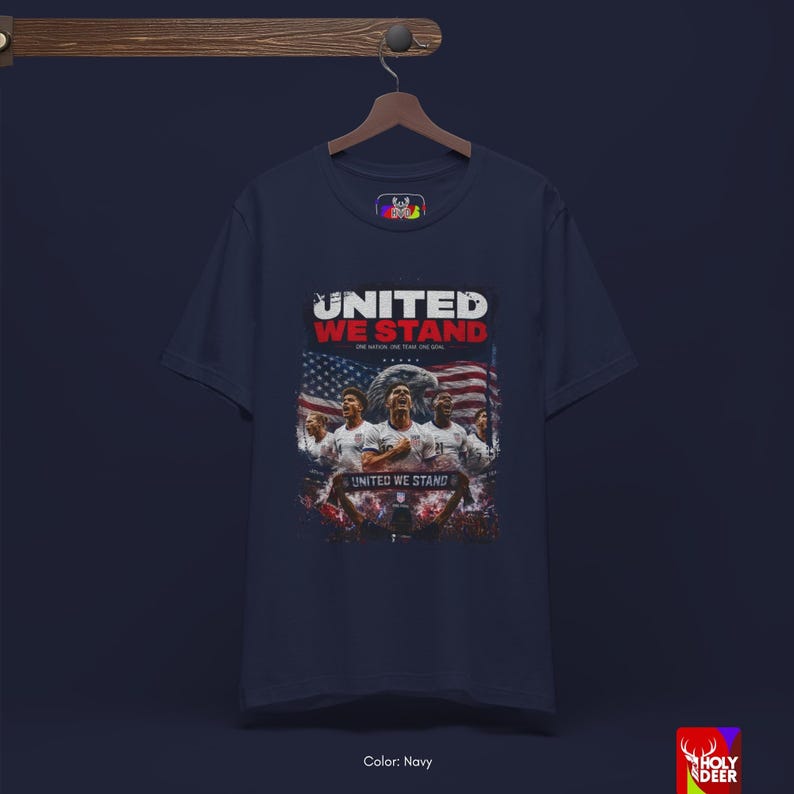 Detailed view of the USA pride tee icons featuring the eagle and squad concept on a black base. This holydeer original captures the ultimate team spirit of American soccer history for the upcoming World Cup 2026.