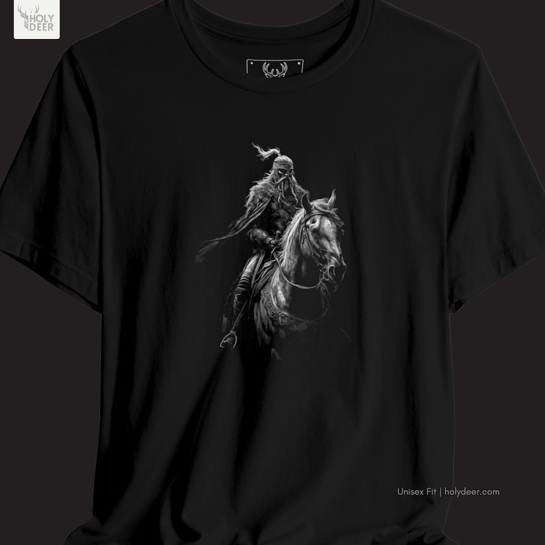 A person wearing a black nomad warrior shirt with a sharp, historic Turkic nomad top graphic on the front. The shirt represents a sophisticated epic rider top lifestyle and is part of the HolyDeer collection. Detailed view of the Attila the Hun shirt icons featuring the centered nomadic conqueror concept on a black base. This piece captures the soul of modern historical streetwear while maintaining a sophisticated apparel appeal.