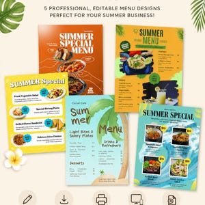Może przedstawiać: Cyfrowy zestaw pięciu edytowalnych szablonów menu letniego z różnymi układami, fotografiami jedzenia, grafikami liści tropikalnych i nagłówkami takimi jak Summer Special Menu, na białym tle z ikonami formatu A4.