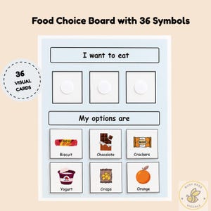 Op de afbeelding: Een lichtblauw voedselkeuzebord met 36 visuele kaarten. Het bord bevat de tekst "Food Choice Board with 36 Symbols", "I want to eat" en "My options are". Het bevat drie lege vierkanten met witte cirkels en zes voedselpictogrammen.