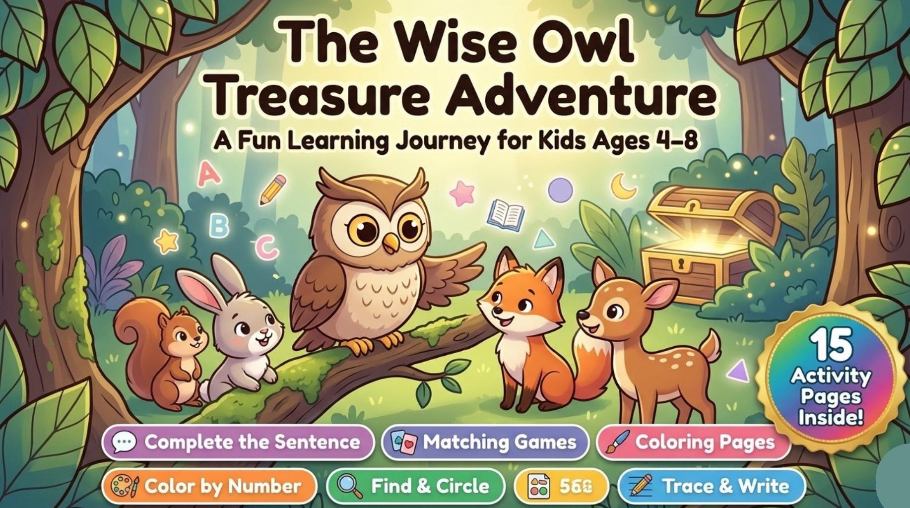 Wise Owl Treasure Adventure Activity Book for Kids 4-8 | Coloring, Matching, Trace & Write | Fun