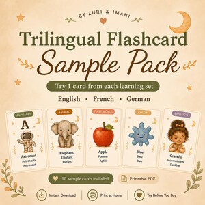 Puede incluir: Un paquete de muestra de tarjetas didácticas trilingües de Zuri & Imani con cinco tarjetas educativas que muestran ilustraciones de un astronauta, elefante, manzana, forma azul y una persona. El texto incluye palabras en inglés, francés y alemán.