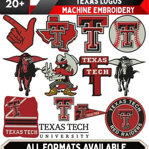 May include: A collection of Texas Tech machine embroidery designs featuring the double T logo, a mascot, a horse, a foam finger, and pennants in red, black, white, and grey. The text includes Texas Tech, Texas Tech University, and Red Raiders.