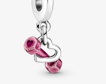 S925 Sterling Silver Dumbbell & Heart Dangle Charm fits Pandora bracelet - BUY 3 GET 55% OFF