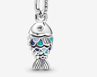 S925 Sterling Silver Blue Scaled Fish Dangle Charm fits Pandora bracelet - BUY 3 GET 55% OFF