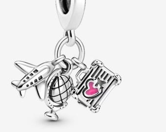 S925 Sterling Silver Airplane, Globe & Suitcase Dangle Charm fits Pandora bracelet - BUY 3 GET 55% OFF