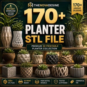 May include: A digital collection of 170+ planter STL files for 3D printing, featuring various geometric, textured, and sculptural designs. The image displays multiple rendered examples of these planters, each containing a small green succulent plant.