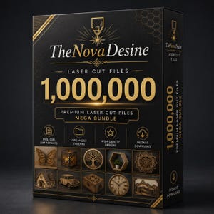 Puede incluir: Una caja negra con texto dorado que dice "The Nova Desine" y "1.000.000 Archivos de corte láser". La caja presenta diseños cortados con láser, como una mariposa, un árbol y un reloj. Es un "Mega Bundle Premium de archivos de corte láser".