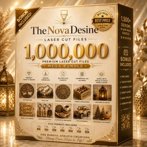 Puede incluir: Caja de producto para archivos de corte láser "The Nova Desine", con una combinación de colores dorados y crema. La caja destaca un mega paquete de 1.000.000 de archivos de corte láser premium, con varias categorías de diseño.