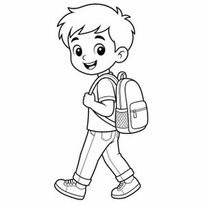 May include: Black and white illustration of a smiling child walking, wearing a backpack. The child is dressed in a t-shirt, jeans, and sneakers. The backpack has a front pocket and mesh side pocket.