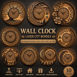 May include: A collection of ten laser-cut wall clock designs. Each clock features a unique design, including a tree, moon, flowers, and geometric patterns. The clocks are round with Roman numeral clock faces and are suitable for home decor.
