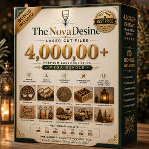 Puede incluir: Caja de producto para archivos de corte láser, con el texto "The Nova Desine" y "4.000,00+ Premium Laser Cut Files Mega Bundle". La caja muestra imágenes de decoración del hogar, arte mural y otros diseños de corte láser. La caja es verde y beige.