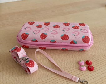 Kawaii Strawberry Nintendo Switch Carrying Case – Pink Hard Case with Shoulder Strap, Wrist Strap + Joy-Con Caps