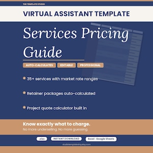 VA Services Pricing Guide | Virtual Assistant Rate Sheet | Retainer Package Builder + Rate Calculator