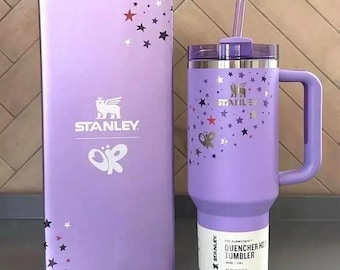 Stanley Quencher H2O Tumbler – 40 oz, Purple with Stars & Butterfly Design