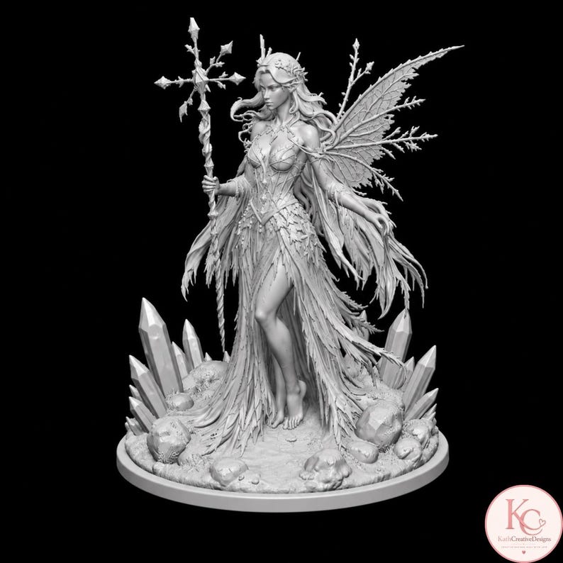 Ice magic fairy collectible 3D printable character with crystal accessories.
