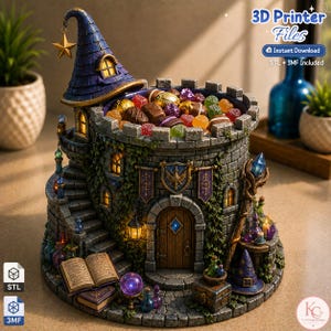 May include: A 3D printed castle-shaped container filled with assorted candies, featuring a blue wizard hat roof, stone walls, ivy, a wooden door, a staff, books, and a crystal ball. Text reads: 3D Printer Files, Instant Download, STL + 3MF Included.