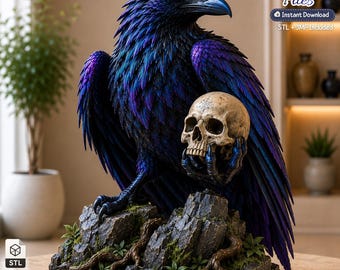May include: A 3D printed sculpture of a raven with iridescent blue and purple feathers, perched on a rocky base with moss and roots. The raven holds a beige human skull with a small symbol on the forehead. Text reads 3D Printer Files.