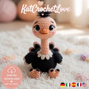 May include: A crocheted ostrich doll with a black body, tan neck, and a fluffy black tuft. The doll has large, expressive eyes, pink cheeks, and an orange beak. The image includes the text "KatCrochetLove" and a digital download pattern icon.