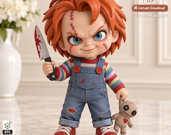 May include: A stylized figurine of a doll with orange hair, blue eyes, and facial scars, wearing blue denim overalls over a striped shirt and red sneakers. The doll holds a silver knife with red stains and a small tan voodoo doll with a red heart.