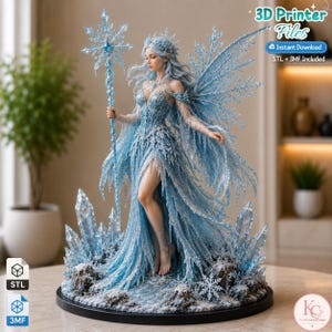 Ice Fairy STL and 3MF fantasy figurine with crystal wings for resin 3D printing.