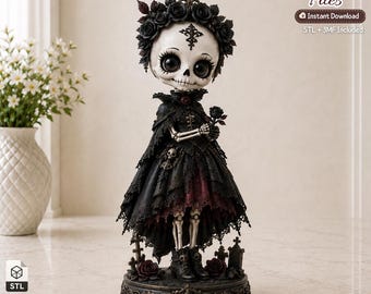 May include: A 3D printable digital file of a skeletal figure wearing a black dress with a high-low hem, a dark rose crown, and a cape. The figure holds a single black rose and stands on a circular base featuring miniature tombstones and roses.
