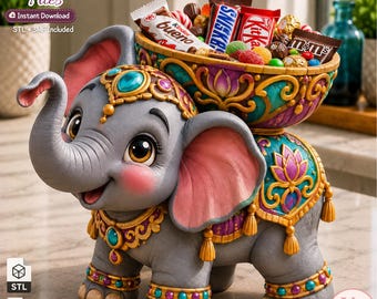 May include: A gray elephant figurine with pink ears, wearing ornate gold and teal jewelry, carrying a large bowl on its back filled with various candy bars and chocolates. The text 3D Printer Files, Instant Download, and STL + 3MF Included is visible.