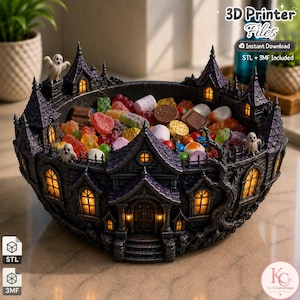 May include: A dark, castle-shaped bowl filled with assorted colourful sweets. The structure features multiple towers with purple roofs, glowing yellow windows, and small white ghost figures perched on the exterior walls and roof sections.
