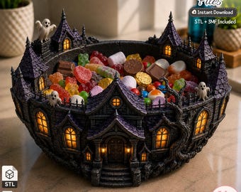 May include: A dark, castle-shaped bowl filled with assorted colorful candies. The structure features multiple towers with purple roofs, glowing yellow windows, and small white ghost figures perched on the exterior walls and roof sections.