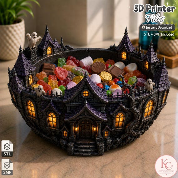 Haunted House Candy Bowl STL & 3MF, Halloween Snack Holder, Gothic Fruit Dish, Printable Decor