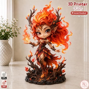 May include: A digital 3D printer file featuring a stylised character with vibrant orange and red flame-like hair, wearing a leaf-patterned outfit. The character stands on a dark, textured base resembling charred wood and lava, holding a small flame.