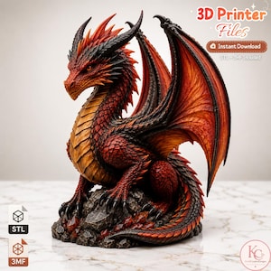 Dragão de Fogo STL e 3MF, Criatura Fantástica, Estátua de Resina para Impressão, Download Digital