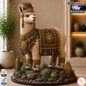 Peut inclure: Une figurine imprimée en 3D représentant un lama couleur crème orné d'une selle colorée et décorée de motifs solaires, de pompons et d'une coiffe à plumes. Le lama repose sur un socle rocheux avec des cactus et une pyramide miniature.