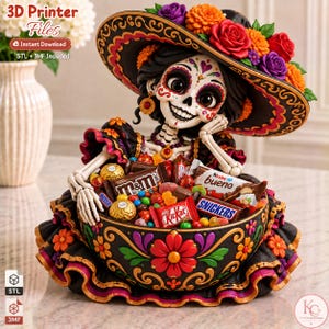 May include: A 3D printed figurine of a skeleton character with sugar skull makeup, wearing a wide-brimmed hat adorned with colorful flowers. The figure holds a large, ornate black bowl filled with assorted candy bars like M&Ms, KitKat, and Snickers.