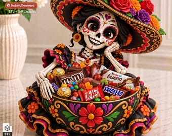 May include: A 3D printed figurine of a skeleton character with sugar skull makeup, wearing a wide-brimmed hat adorned with colorful flowers. The figure holds a large, ornate black bowl filled with assorted candy bars like M&Ms, KitKat, and Snickers.