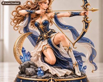 May include: A 3D printer file figurine of an archer with long wavy hair, wearing a blue and white star-patterned outfit, holding a golden bow and arrow. The base features a crescent moon, blue crystals, and a star emblem with text 3D Printer Files.