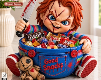 May include: A 3D printed figurine of a doll with orange hair, facial scars, and blue eyes, holding a blood-stained knife. The doll wears blue overalls with the text Good Snacks and holds a bowl filled with assorted candy and a small voodoo doll.