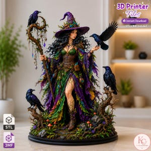 May include: A 3D printable digital file featuring a witch figurine with long dark hair, wearing a purple pointed hat and a layered green and purple leaf-patterned dress. The figure holds a gnarled wooden staff and is surrounded by four black ravens.