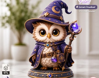 May include: A 3D printed figurine of an owl wizard wearing a purple robe and hat decorated with gold stars and moons. The owl holds a staff topped with a glowing purple crystal and carries a small potion bottle. Text reads 3D Printer Files.