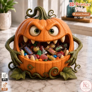 May include: A 3D printed pumpkin-shaped sweet bowl with a textured orange surface, green vine arms, and a wide mouth filled with assorted chocolate bars. The pumpkin features large, wide eyes and sharp teeth. Text reads 3D Printer Files, Instant Download, STL + 3MF Included.