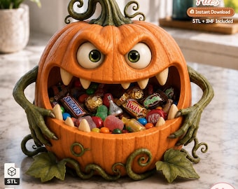 May include: An orange pumpkin-shaped candy bowl with a wide, toothy grin and large green eyes. The bowl features textured green vine-like arms and leaves at the base. It is filled with various colorful wrapped candies and chocolates.