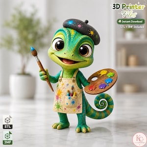 May include: A green chameleon character wearing a black beret and a beige apron splattered with colourful paint. The chameleon holds a wooden paintbrush in one hand and a wooden paint palette with colourful paint blobs in the other hand.